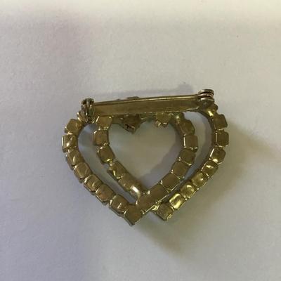 Vintage Green clear, rhinestone, heart brooch