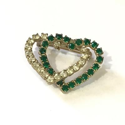 Vintage Green clear, rhinestone, heart brooch