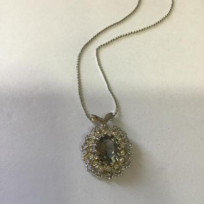 Beautiful, Silver tone jewel, smoky, gray pendant, chain necklace