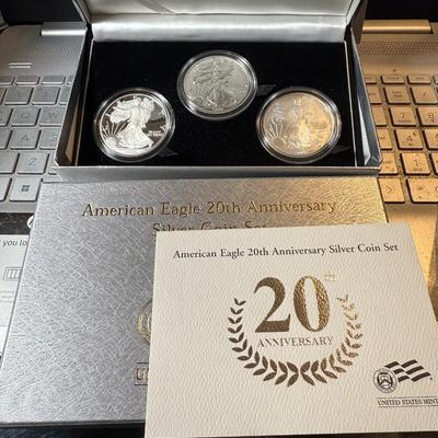 2006 American Silver Eagle 20th Anniversary 3 Coin Set US Mint OGP COA as Pictured.