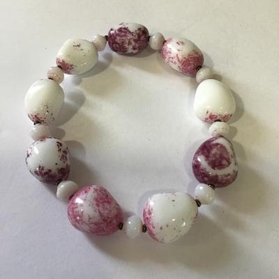 Purple and pink & white stone bead stretch bracelet