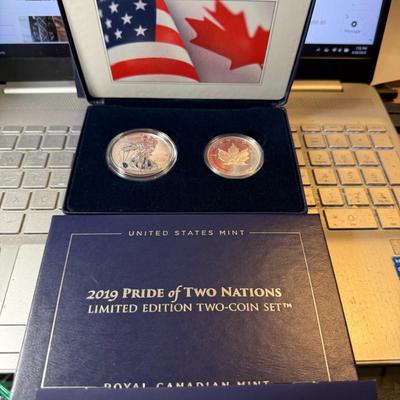 2019 Pride of Two Nations Silver (2 Coin) Eagle Maple Leaf Silver Set Box & COA as Pictured.