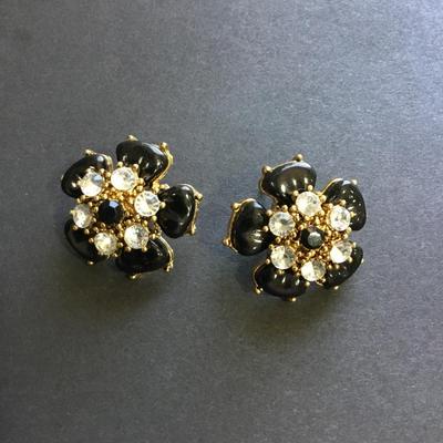 Gold tone black flower rhinestone studded earrings