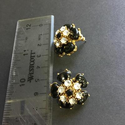 Gold tone black flower rhinestone studded earrings