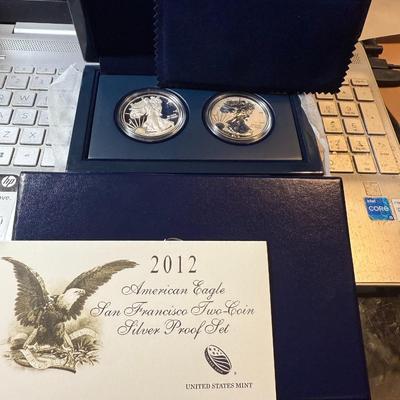 2012-S Silver American Eagle 75th Anniversary San Francisco 2-Coin Set OGP Box/COA as Pictured.