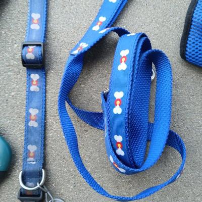 Dog carrier with an assortment of dog supplies - Bowls- clothes - leashed and more