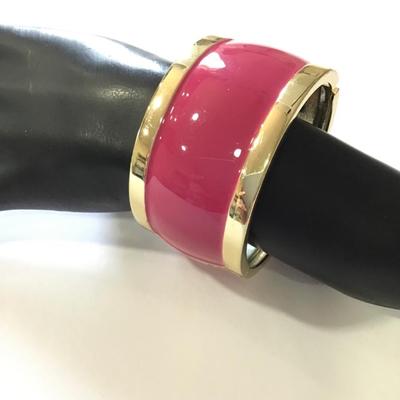 Large, chunky gold, toned, pink enamel hinged bracelet