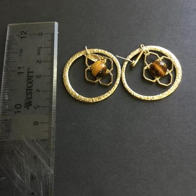 Tigers eye gold tone hoop dangle earrings