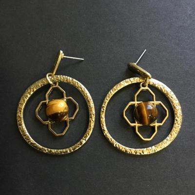 Tigers eye gold tone hoop dangle earrings