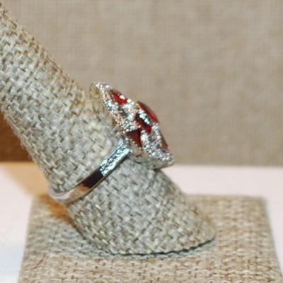 Size 8¼ Marked .925 Red Inlay Triangles Party Ring with a Glitter Setting & Silver Band (6.3g)