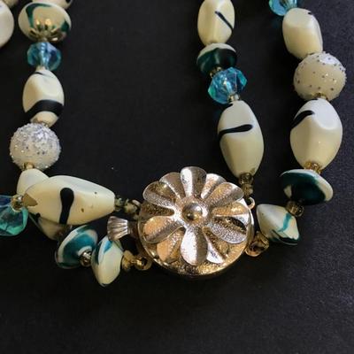 White and blue beaded necklace
