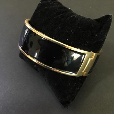 Large chunky gold, toned, black enamel, hinged, magnetic bangle bracelet
