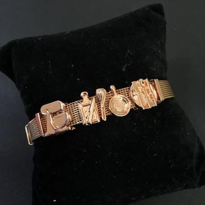 Copper, toned, chef, charms slider bracelet mesh style