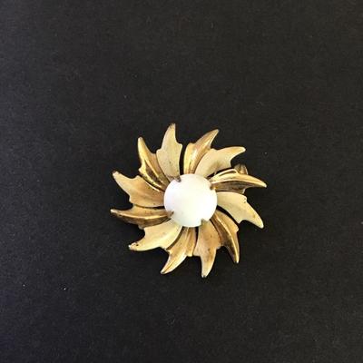 Mid-century, gold, toned cream, enameled, white milk, glass, pin/brooch