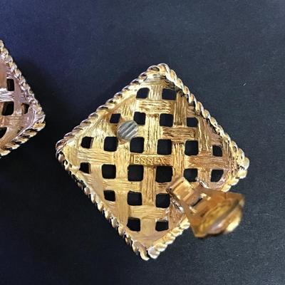 Large vintage, Essex Gold, toned basket, weave statement clip on earrings
