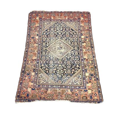 Sale Photo Thumbnail #996: Measurements:
6' 2" in length, 4' 3" in width
Has small damage to ends of fringe at bottom of rug, see pictures