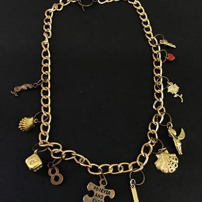 Vintage charm, gold, toned, toggle necklace, vintage charms