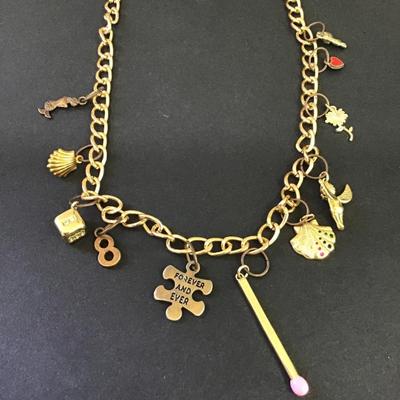 Vintage charm, gold, toned, toggle necklace, vintage charms