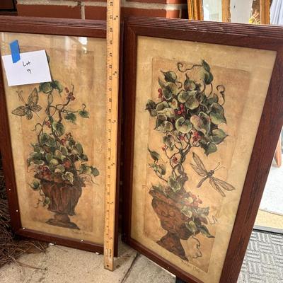 Mixed lot of Wall art - 2 tall prints of Florals in planters