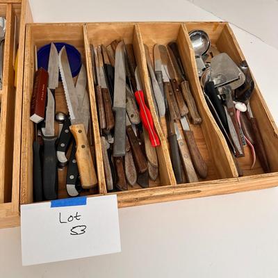 Assortment of kitchen and table knives with drawer organizer