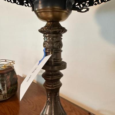 Vintage pot metal table Lamp with Purple Crackle Glass Shade