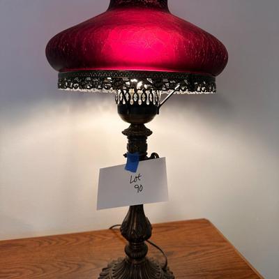 Vintage pot metal table Lamp with Purple Crackle Glass Shade