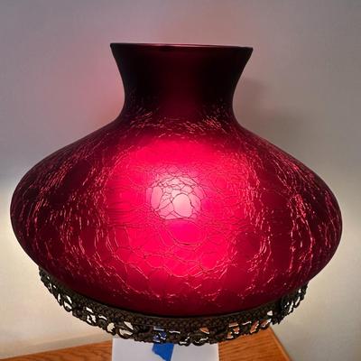 Vintage pot metal table Lamp with Purple Crackle Glass Shade