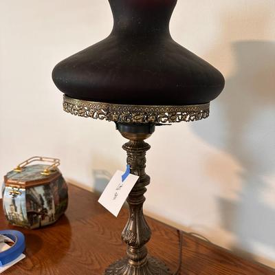 Vintage pot metal table Lamp with Purple Crackle Glass Shade
