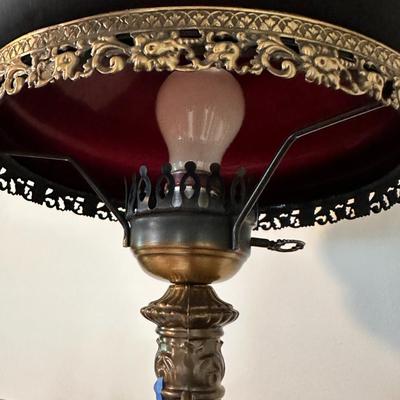 Vintage pot metal table Lamp with Purple Crackle Glass Shade