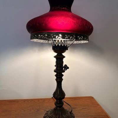 Vintage pot metal table Lamp with Purple Crackle Glass Shade