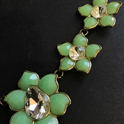 Light pastel green rhinestone flower statement necklace
