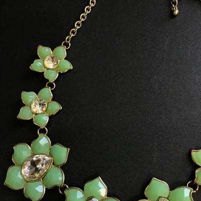 Light pastel green rhinestone flower statement necklace