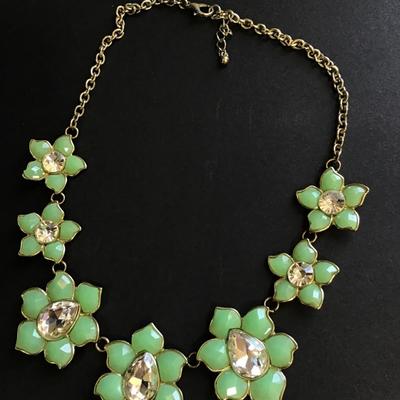 Light pastel green rhinestone flower statement necklace