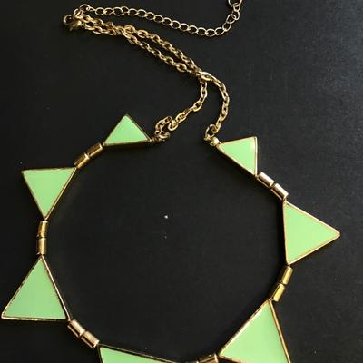 Gold tone green enameled triangle necklace