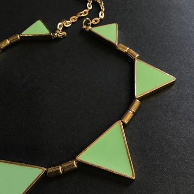 Gold tone green enameled triangle necklace