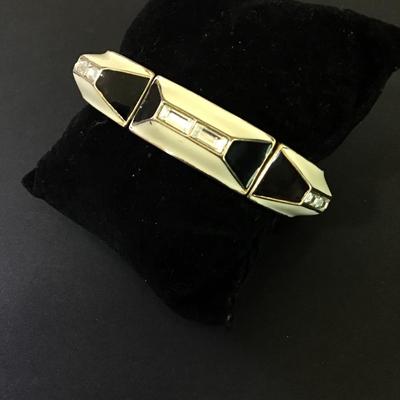 Cool, vintage, white and black enamel & crystal rhinestone stretch bracelet