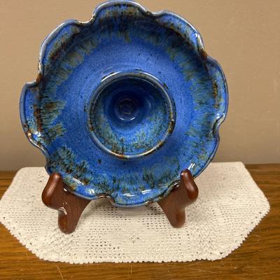 Blue Hand Blown Pottery Chip and Dip Bowl