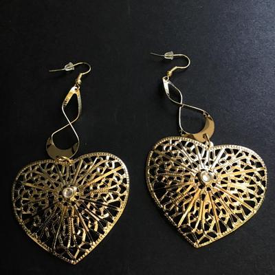 Big Gold tone heart dangle earrings