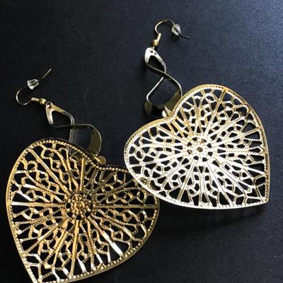 Big Gold tone heart dangle earrings