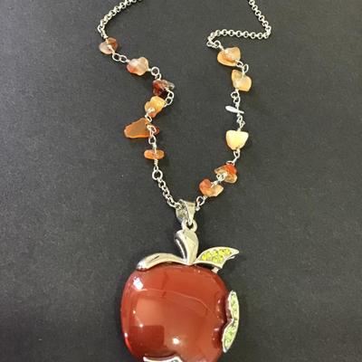 Very nice Apple, stone pendant necklace, silver toned beautifully made