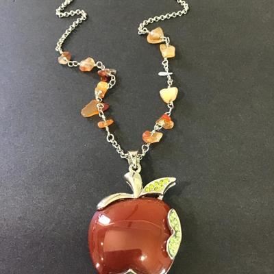 Very nice Apple, stone pendant necklace, silver toned beautifully made