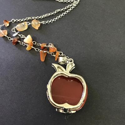 Very nice Apple, stone pendant necklace, silver toned beautifully made