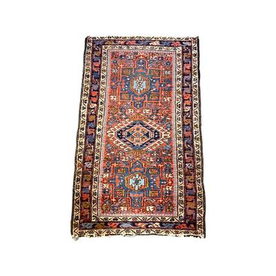 Sale Photo Thumbnail #1010: Has unique Geometric repeating patterns with large medallions in center
Measurements:
45" in length, 27.5" in width