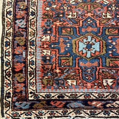 Sale Photo Thumbnail #1008: Has unique Geometric repeating patterns with large medallions in center
Measurements:
45" in length, 27.5" in width