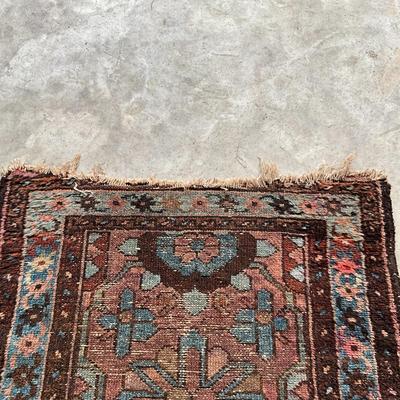 Sale Photo Thumbnail #1024: Has large flower medallion in center of rug
Ends are damaged, one end has material loss, see pictures
Measurements:
47" in length, 27.5" in width