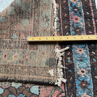 Sale Photo Thumbnail #1025: Has large flower medallion in center of rug
Ends are damaged, one end has material loss, see pictures
Measurements:
47" in length, 27.5" in width