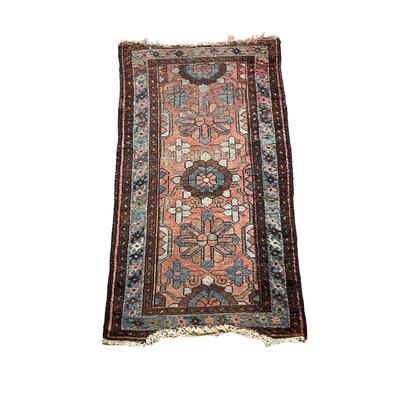 Sale Photo Thumbnail #1026: Has large flower medallion in center of rug
Ends are damaged, one end has material loss, see pictures
Measurements:
47" in length, 27.5" in width