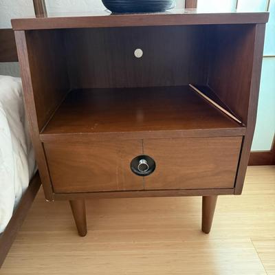 Sale Photo Thumbnail #14: The Stanley nightstands are a mid-century modern piece crafted from walnut, featuring a medium wood tone and a brown finish. It measures 20 inches in width, 12 inches in depth, and 24.5 inches in height. Designed for the bedroom, this original piece from 