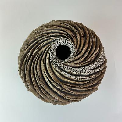 Sale Photo Thumbnail #1053: Basket sculpture of paper, reeds, dried hemp, and rhododendro and ceramic
Wind-drift Vessel
Measurements:
10.5" in diameter,