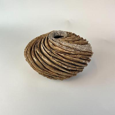 Sale Photo Thumbnail #1052: Basket sculpture of paper, reeds, dried hemp, and rhododendro and ceramic
Wind-drift Vessel
Measurements:
10.5" in diameter,